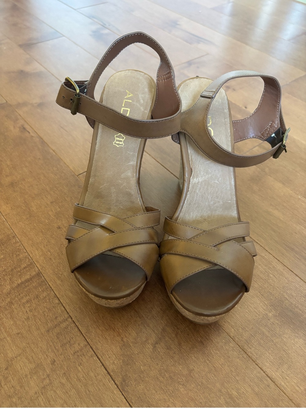 Aldo Cognac Tan Leather Crisscross Wedge Sandals with Ankle Strap